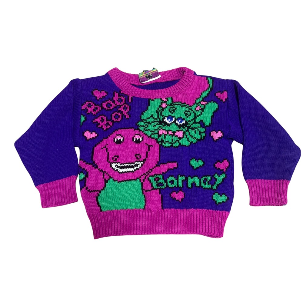Barney Kids 2T Sweater Purple Pink 1992 Vintage Baby Bop Graphic Knit Pullover